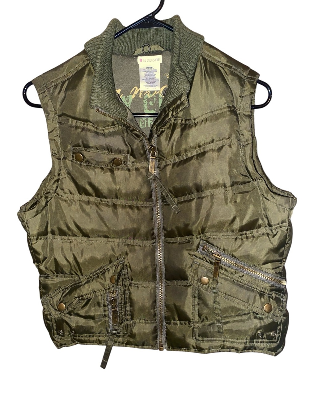 No Boundaries women's olive green puffer utility vest SZ L